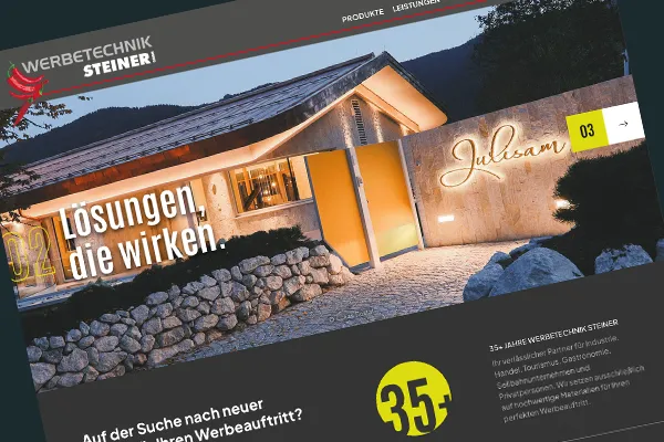 Website, Werbetechnik Steiner GmbH - Altemarkt / zu sehen: Startseite mit Gasthof mit Lichtwerbung.